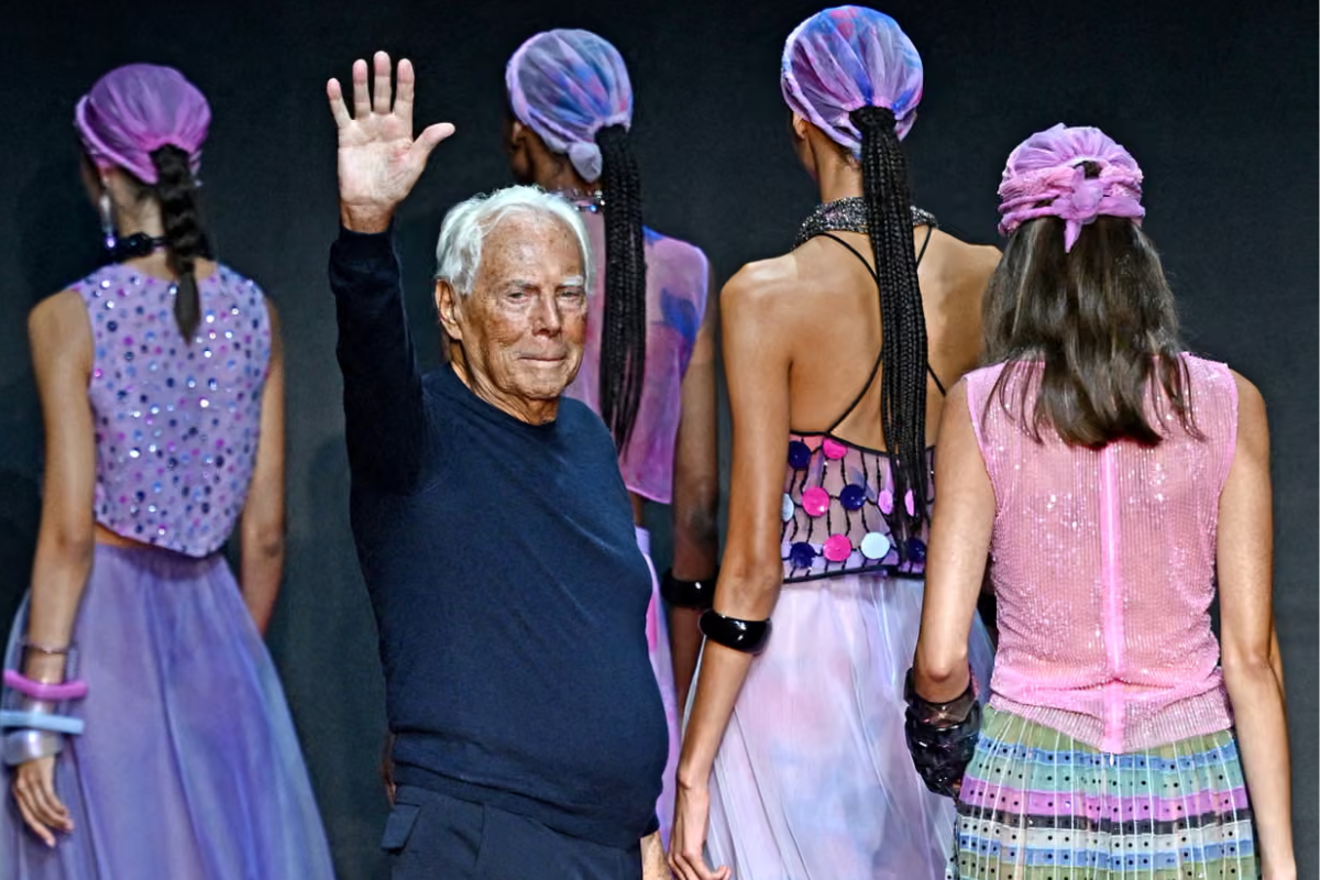 Giorgio Armani at the end of the Emporio Armani show during Milan Fashion Week, 21 September 2023